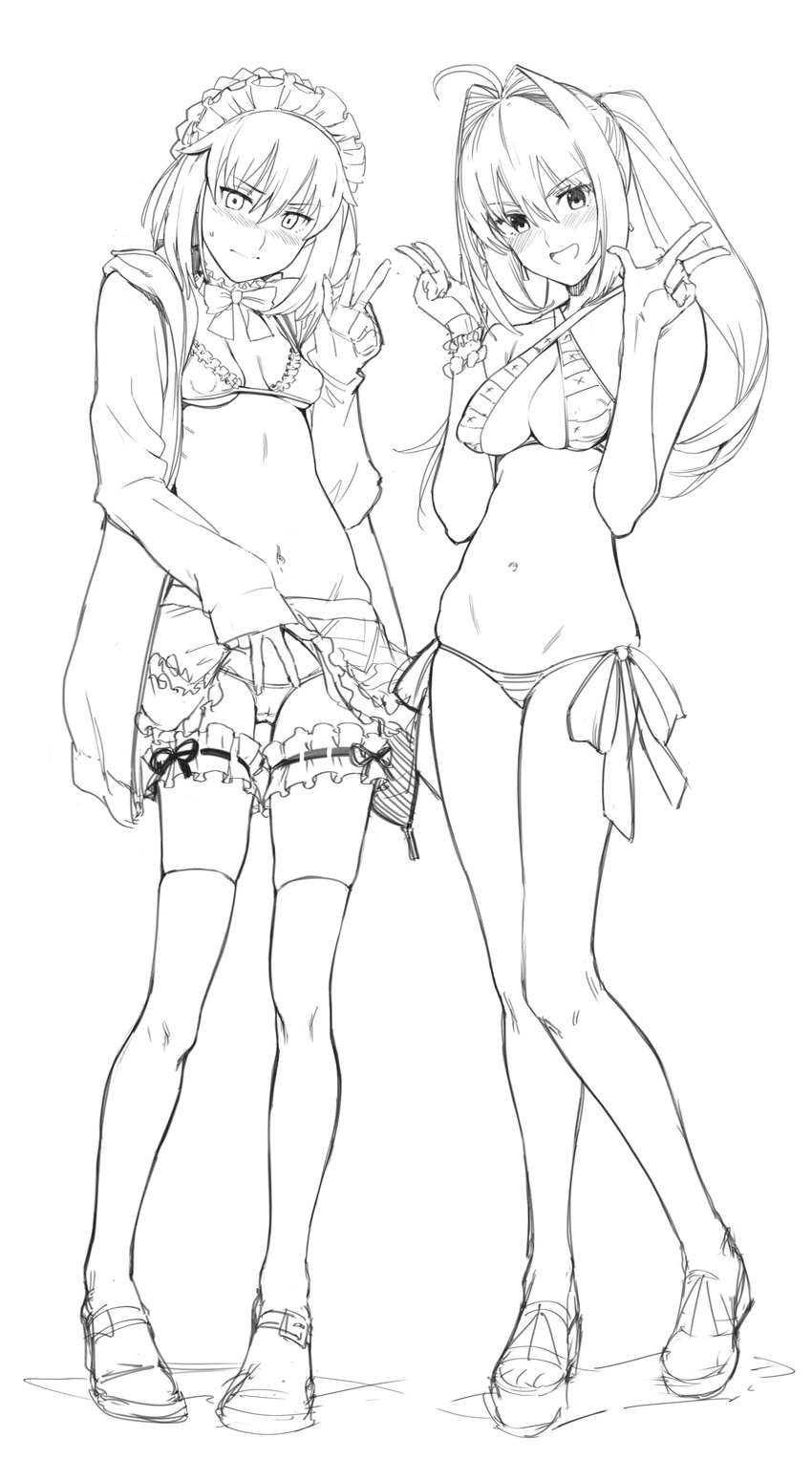 absurdres artoria_pendragon_(all) artoria_pendragon_(swimsuit_rider_alter) bikini daftbonkers fate/grand_order fate_(series) greyscale highres hood hoodie maid maid_headdress monochrome multiple_girls nero_claudius_(fate)_(all) nero_claudius_(swimsuit_caster)_(fate) swimsuit thighhighs twintails