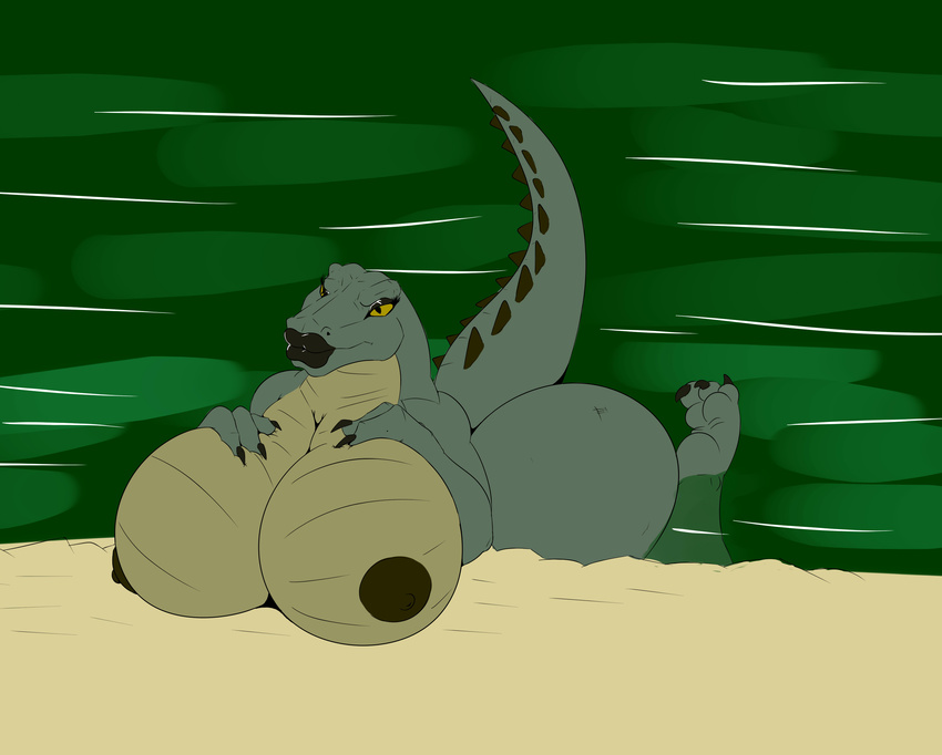angrypotato96 anthro beach big_breasts breasts crocodile crocodilian female huge_breasts makeup nipples nude olivia_(angrypotato96) partially_submerged reptile scalie seaside solo swamp thick_thighs