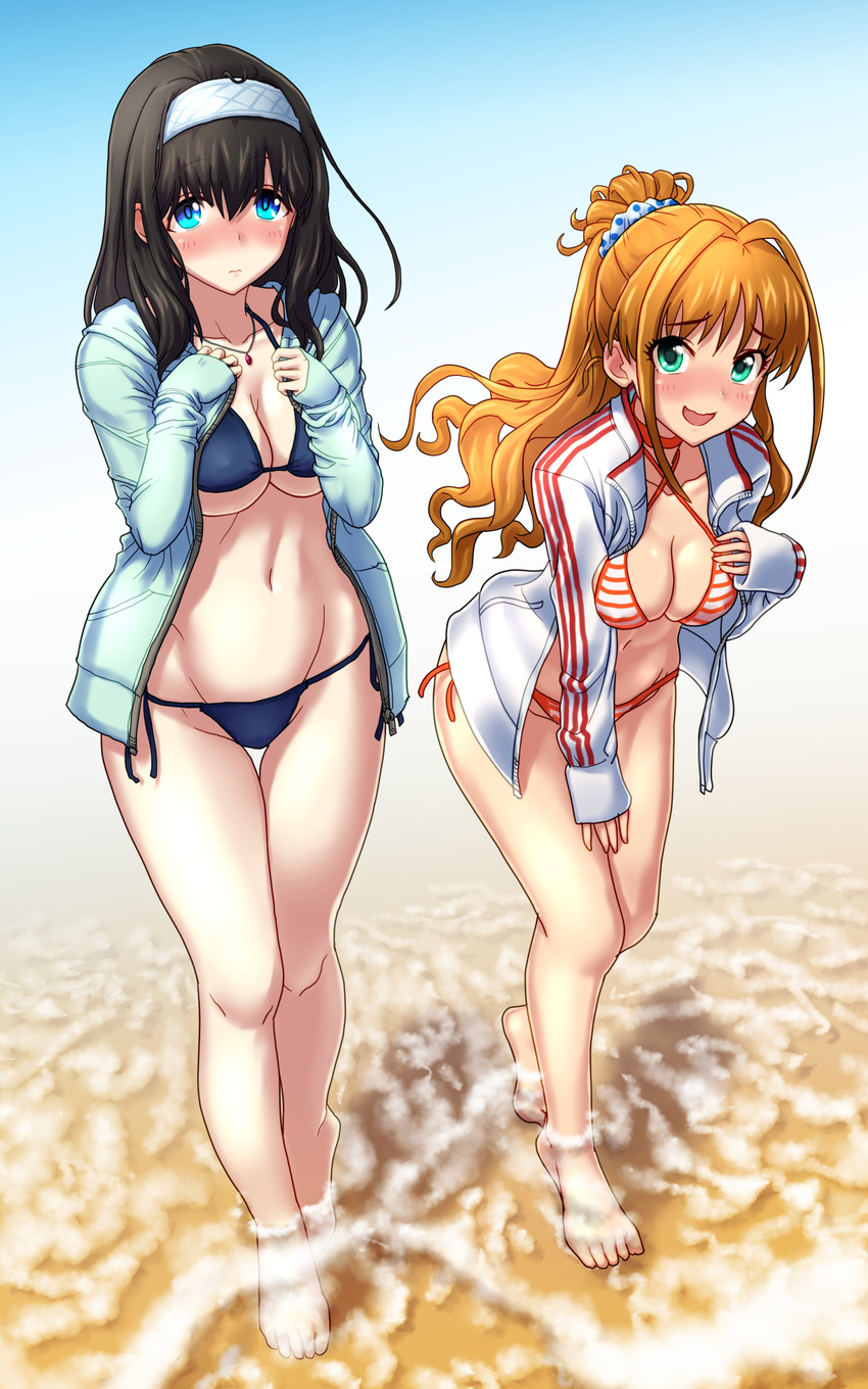 absurdres barefoot beach bikini black_hair blue_bikini blue_eyes blush breasts cleavage collarbone commentary_request covered_nipples day green_eyes green_hoodie hair_ornament hair_scrunchie high_ponytail highres hino_akane_(idolmaster) hood hoodie idolmaster idolmaster_cinderella_girls jacket jewelry kezune_(i-_-i) large_breasts leaning_forward long_hair long_sleeves looking_at_viewer multiple_girls navel necklace open_clothes open_hoodie open_jacket open_mouth open_track_jacket orange_hair outdoors polka_dot polka_dot_scrunchie ponytail sagisawa_fumika sand scrunchie side-tie_bikini smile standing striped striped_bikini swimsuit track_jacket water