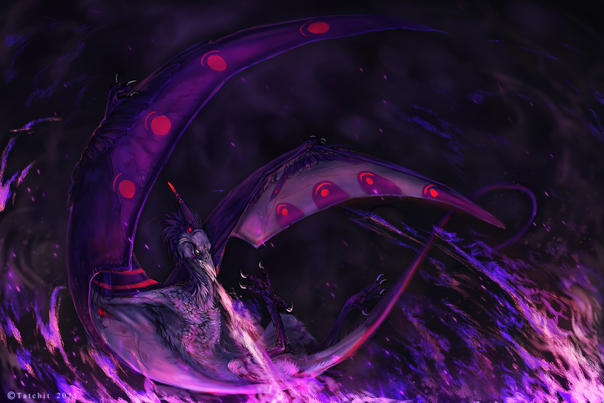2015 ambiguous_gender dragon feral fire flying fur membranous_wings night outside solo tatchit wings wyvern