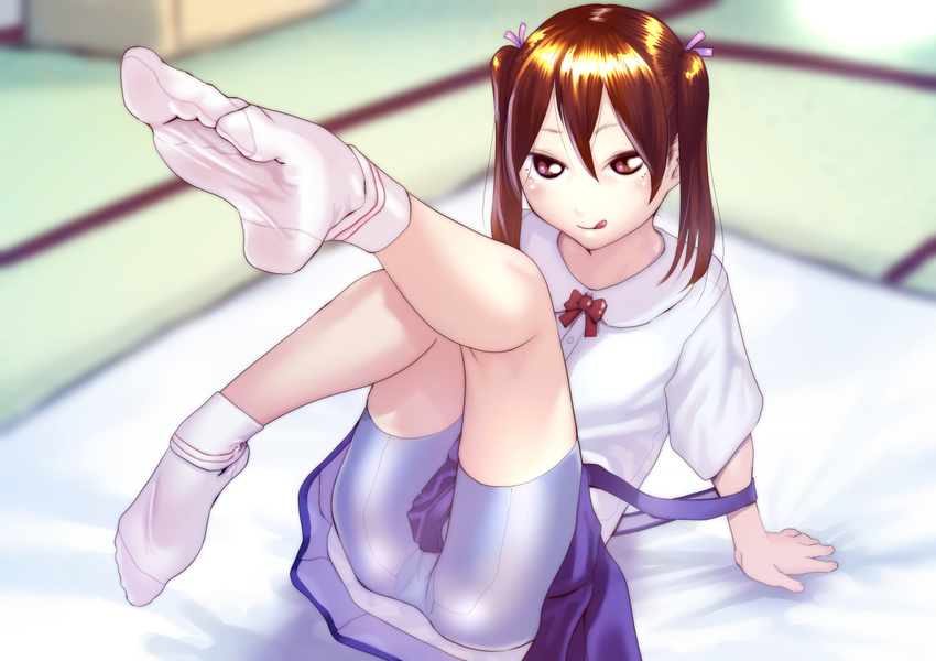 1girl arm_support bike_shorts brown_eyes brown_hair feet futon hair_ribbon licking_lips long_hair looking_at_viewer one_leg_raised pov sitting socks soles twintails