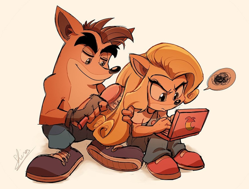 2017 4_fingers annoyed anthro bandicoot black_nose blonde_hair brother brother_and_sister clothed clothing coco_bandicoot computer crash_bandicoot crash_bandicoot_(series) duo female footwear fully_clothed gloves hair holding_object laptop male mammal marsupial overalls pants shira-hedgie shoes sibling sister sitting smile video_games
