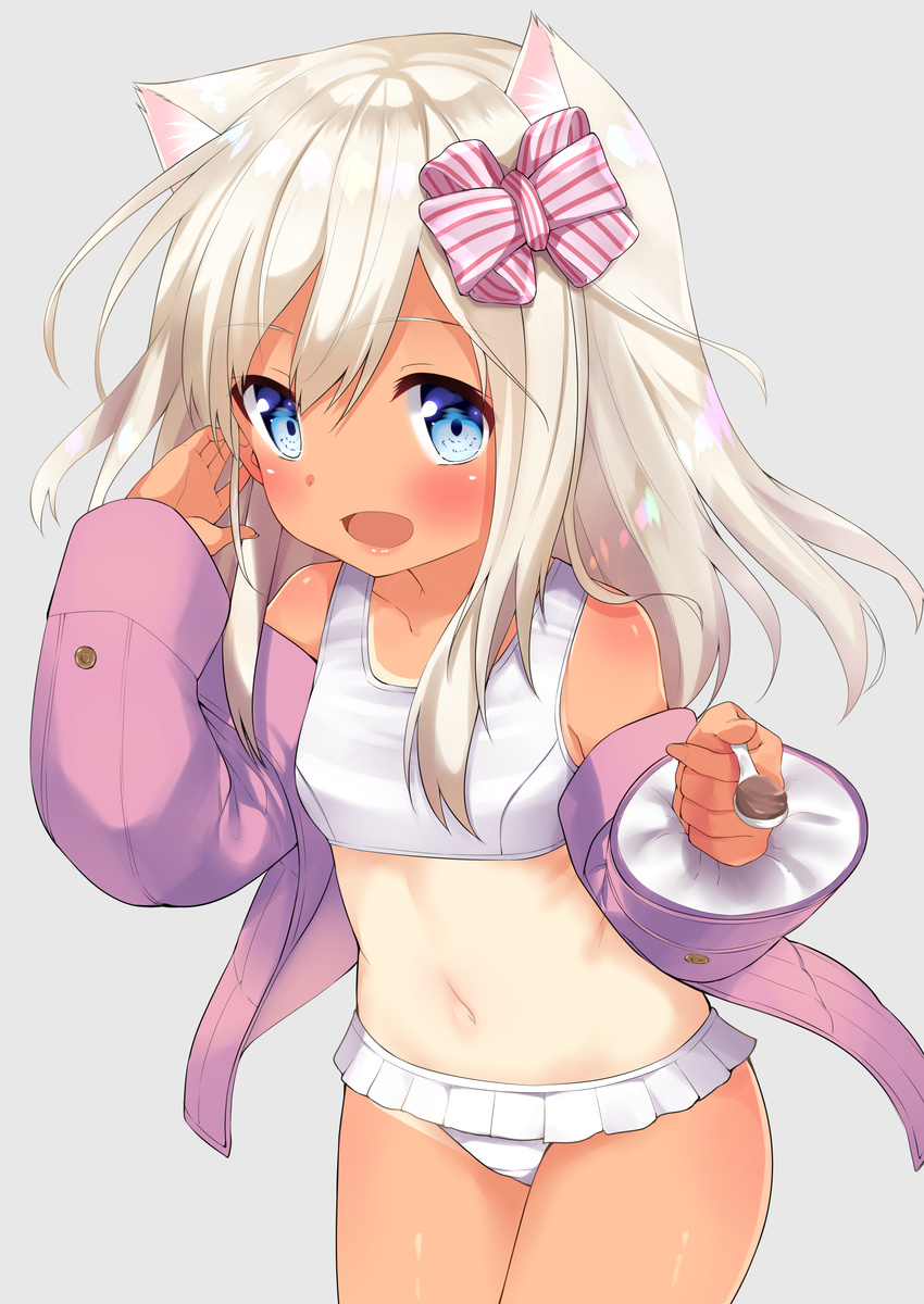 :d absurdres alternate_costume animal_ears blonde_hair blue_eyes cat_ears go-1 grey_background highres holding holding_spoon jacket kantai_collection long_hair long_sleeves navel nontraditional_school_swimsuit one-piece_tan open_mouth pink_jacket ro-500_(kantai_collection) school_swimsuit simple_background smile solo spoon swimsuit tan tanline white_school_swimsuit white_swimsuit