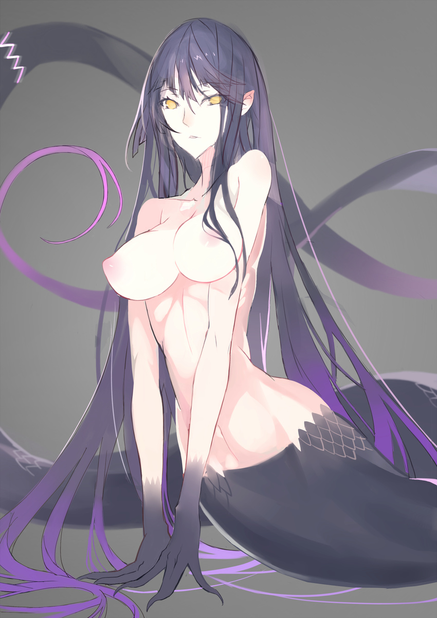 breasts claws collarbone commentary_request eyes_visible_through_hair grey_background highres lamia large_breasts long_hair looking_at_viewer monster_girl nano_(pixiv5583738) nipples nude original pointy_ears purple_hair scales simple_background solo very_long_hair yellow_eyes