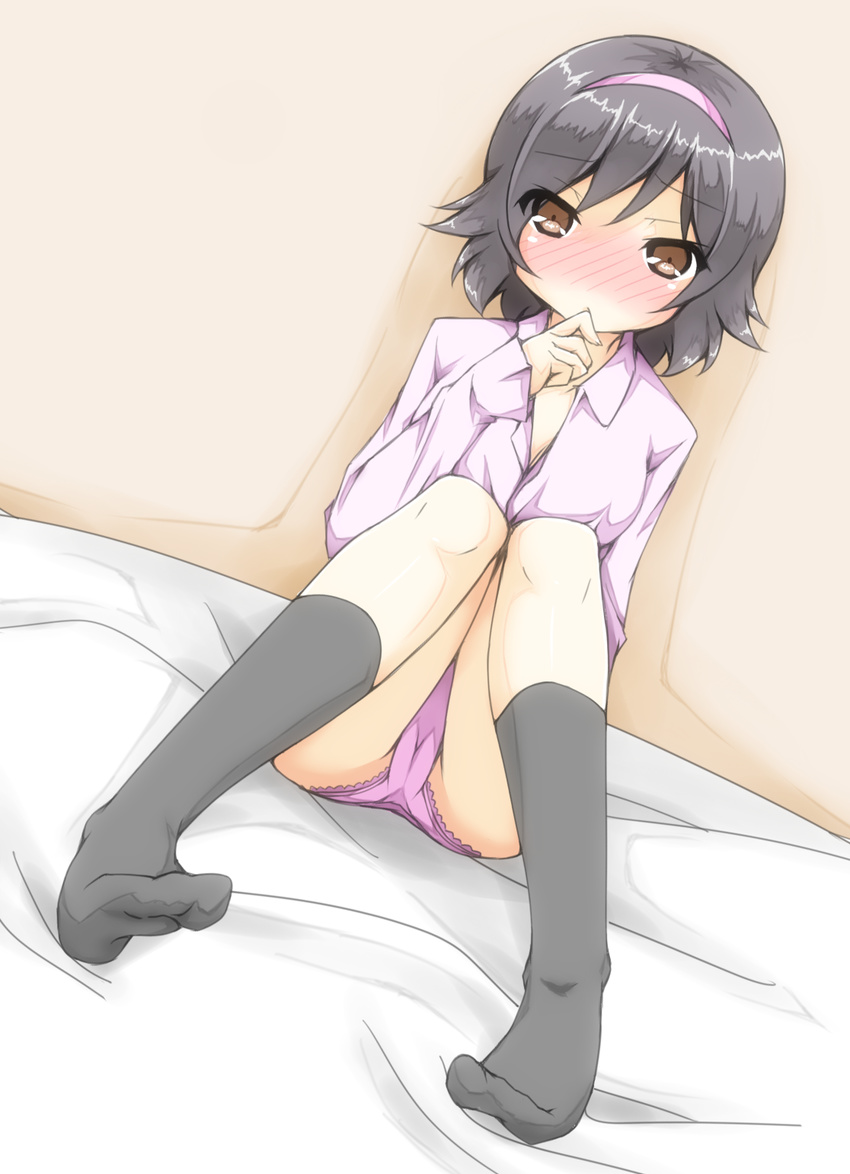 bed_sheet black_hair black_legwear blush breasts brown_eyes cameltoe chinese_commentary cleavage closed_mouth collared_shirt commentary_request dorsiflexion dutch_angle eyebrows_visible_through_hair fingernails full_body hairband hand_to_own_mouth hatsunatsu highres kami_nomi_zo_shiru_sekai kneehighs knees_together_feet_apart lace lace-trimmed_panties long_sleeves looking_at_viewer medium_breasts no_pants no_shoes nose_blush on_bed panties pink_hairband pink_panties pink_shirt shirt sitting solo takahara_ayumi underwear