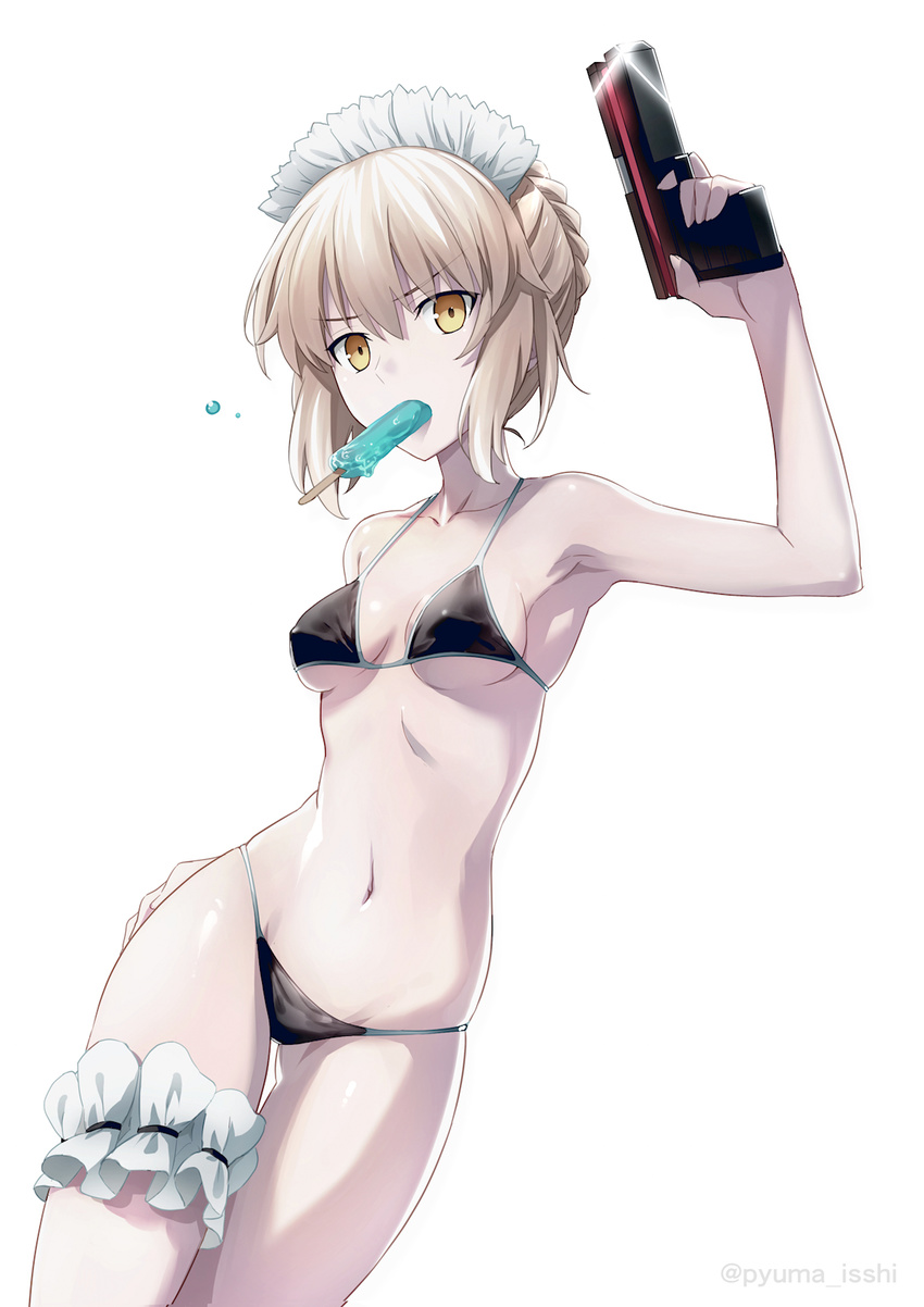 arm_behind_back artoria_pendragon_(all) artoria_pendragon_(swimsuit_rider_alter) ass_visible_through_thighs bangs bare_arms bare_shoulders bikini black_bikini blonde_hair braid breasts breasts_apart collarbone contrapposto cowboy_shot eyebrows_visible_through_hair fate/grand_order fate_(series) finger_on_trigger fingernails food food_in_mouth french_braid frills groin gun hair_between_eyes hair_bun hand_on_hip hand_on_thigh hand_up handgun highres holding holding_gun holding_weapon leg_garter long_fingernails looking_at_viewer maid maid_bikini maid_headdress md5_mismatch medium_breasts mouth_hold navel popsicle puma_(hyuma1219) short_hair sidelocks simple_background small_breasts solo standing stomach swimsuit thigh_gap tsurime twitter_username underboob weapon white_background yellow_eyes