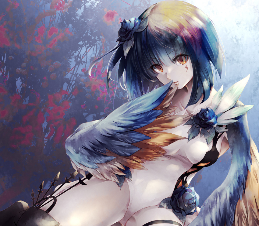 1girl female hair_flower harpy leotard monster_girl original pale_skin rose solo wings yue_(pixiv2547)