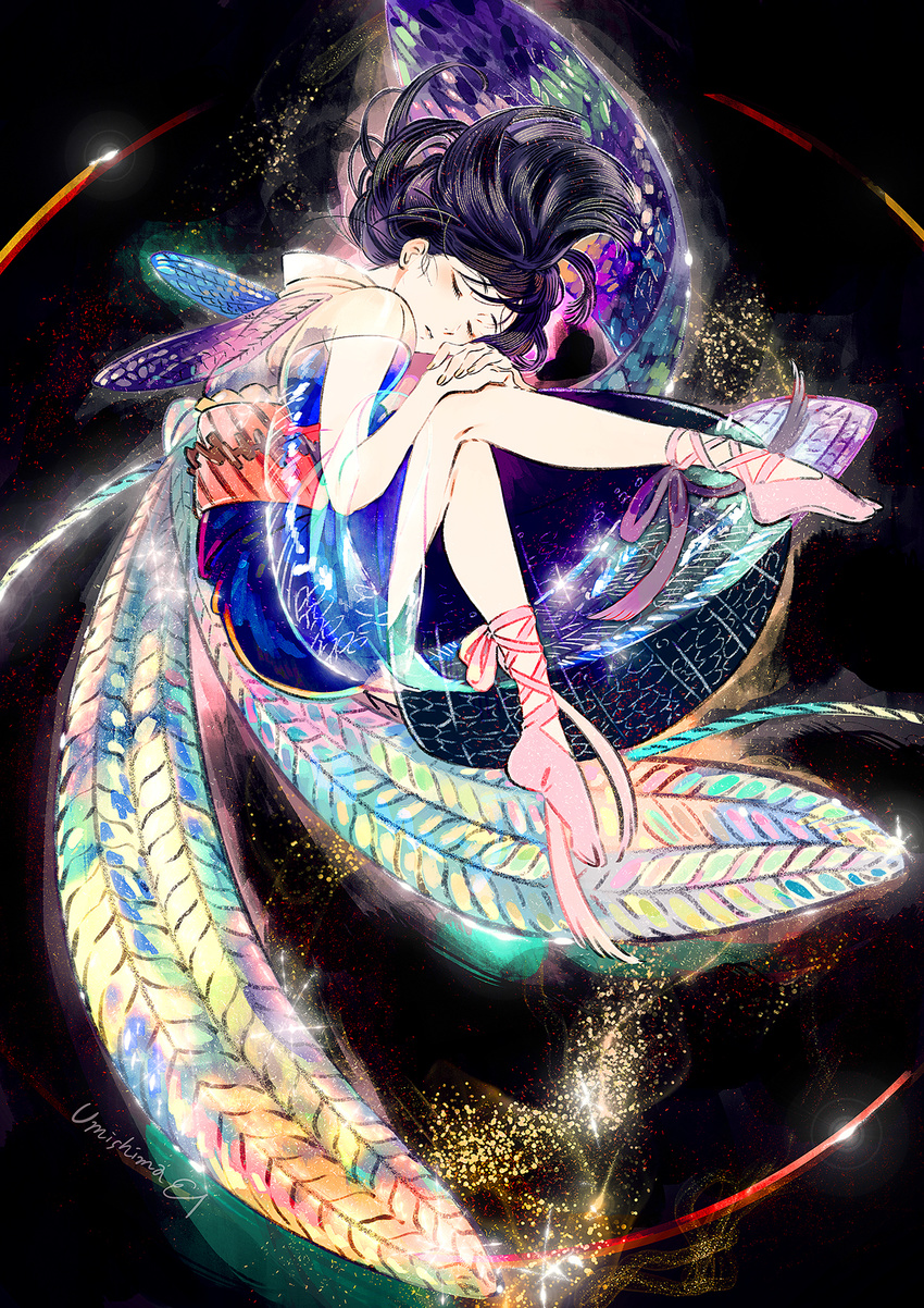 bangs black_hair blue_dress closed_eyes closed_mouth commentary dress fairy_wings floating floating_hair full_body hand_on_hand head_on_hand highres legs medium_hair multicolored multicolored_wings multiple_wings original pink_footwear see-through shoes signature sleeping solo umishima_senbon wings