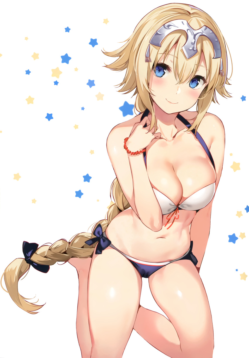 absurdres bangs bare_shoulders bikini blonde_hair blue_bikini_bottom blue_eyes blush bow bow_bikini bracelet braid breasts cleavage closed_mouth collarbone detexted eyebrows_visible_through_hair fate/apocrypha fate_(series) front-tie_bikini front-tie_top hair_between_eyes hair_bow halterneck hand_on_own_shoulder headpiece highres hips jeanne_d'arc_(fate) jeanne_d'arc_(fate)_(all) jewelry large_breasts legs long_braid long_hair looking_at_viewer mismatched_bikini navel revision scan simple_background single_braid sitting solo star swimsuit thighs third-party_edit very_long_hair white_background white_bikini_top yokozuwari yuran