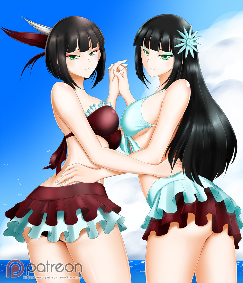 alfred_cullado ass black_hair breasts cowboy_shot eyeshadow front-tie_top green_eyes groin hand_on_another's_hip highres holding_hands large_breasts legs long_hair looking_at_viewer makeup melanie_malachite miltiades_malachite multiple_girls ocean patreon_logo rwby short_hair siblings swimsuit swimsuit_skirt thighs twins underboob watermark web_address