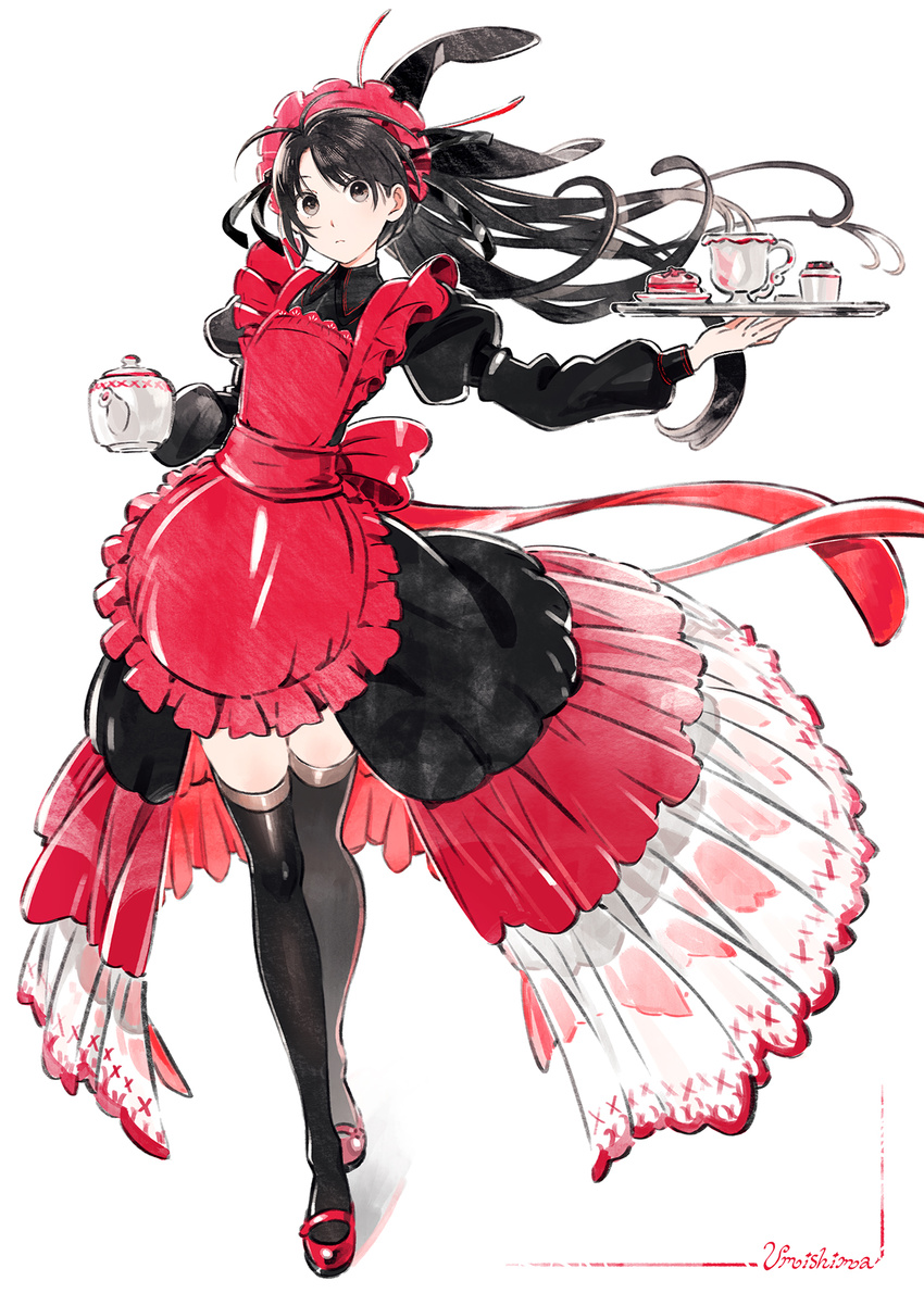 apron bangs black_dress black_eyes black_hair black_legwear closed_mouth commentary cup dress floating_hair full_body highres holding holding_plate long_hair long_skirt long_sleeves looking_at_viewer maid maid_apron maid_headdress mary_janes original plate puffy_sleeves red_apron shoes signature simple_background skirt solo standing teapot thighhighs umishima_senbon walking white_background zettai_ryouiki