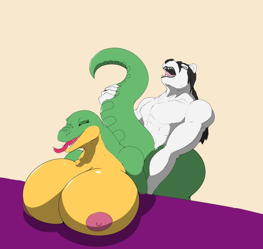 angrypotato96 anthro bear big_breasts breasts duo eyes_closed female huge_breasts male male/female mammal muscular muscular_male nipples nude polar_bear reptile scalie sex snake standing tongue tongue_out