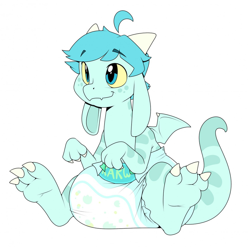 baby blue_eyes blue_hair claws cuddlehooves diaper dragon feral hair male sitting smile solo wings young