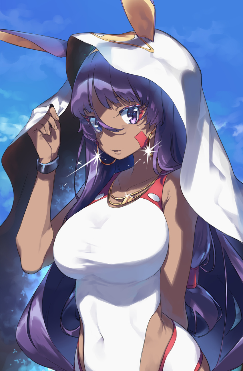 amana_(pocketkey) animal_ears breasts cloud covered_navel dark_skin day earrings facial_mark fate/grand_order fate_(series) hairband highres hoop_earrings huge_breasts jackal_ears jewelry long_hair looking_at_viewer necklace nitocris_(fate/grand_order) nitocris_(swimsuit_assassin)_(fate) one-piece_swimsuit purple_eyes purple_hair sky solo swimsuit very_long_hair white_swimsuit