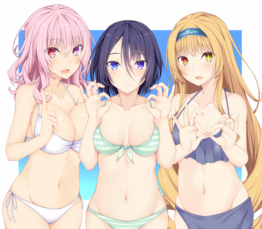 black_hair blue_eyes blush breasts character_request girl_sandwich heart heart-shaped_pupils heterochromia large_breasts long_hair looking_at_viewer medium_breasts mirei-san_(suterii) multiple_girls navel nishi_minami open_mouth original pink_eyes pink_hair purple_eyes sandwiched sarong short_hair suterii symbol-shaped_pupils yellow_eyes