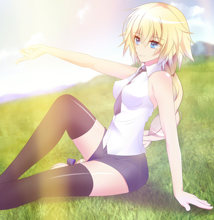 arm_support bare_shoulders between_breasts black_legwear black_shorts blonde_hair blue_eyes blurry blurry_background bow braid breasts covered_nipples day eyes_visible_through_hair fate/apocrypha fate_(series) hair_bow halterneck highres jeanne_d'arc_(fate) jeanne_d'arc_(fate)_(all) light_smile long_hair medium_breasts necktie necktie_between_breasts outdoors outstretched_arm photo_background shorts single_braid sitting smile thighhighs very_long_hair yahoo0124