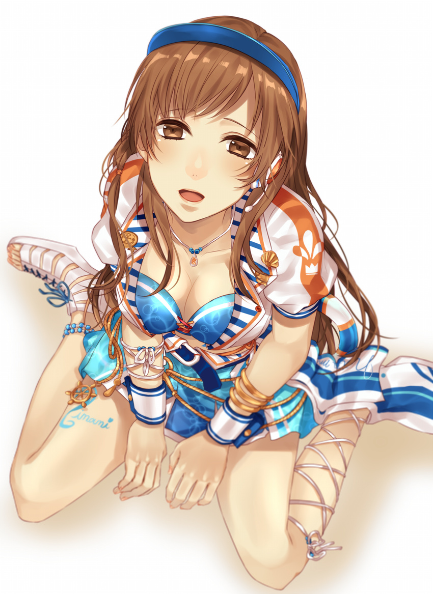 blurry breasts brown_eyes brown_hair cleavage depth_of_field from_above highres idolmaster idolmaster_cinderella_girls idolmaster_cinderella_girls_starlight_stage jewelry long_hair looking_up medium_breasts mizuki_hau necklace nitta_minami open_mouth sitting solo visor_cap wariza