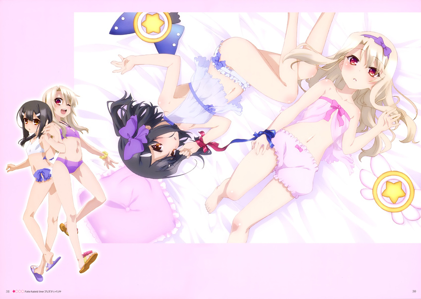 ;d absurdres babydoll barefoot bed_sheet bikini black_hair blonde_hair blue_panties blue_ribbon bow brown_eyes collarbone copyright_name eyebrows_visible_through_hair fate/kaleid_liner_prisma_illya fate_(series) flat_chest frilled_panties frills from_above full_body hair_bow hair_ornament hairband hairclip highres illyasviel_von_einzbern locked_arms long_hair looking_at_viewer lying magical_ruby magical_sapphire midriff miyu_edelfelt multiple_girls navel on_back on_side one_eye_closed open_mouth page_number panties parted_lips pink_bow pink_shorts purple_bikini purple_bow purple_hairband red_eyes red_ribbon ribbon see-through shiny shiny_skin short_shorts shorts smile stomach strapless swimsuit underwear underwear_only white_bikini wrist_cuffs wrist_ribbon