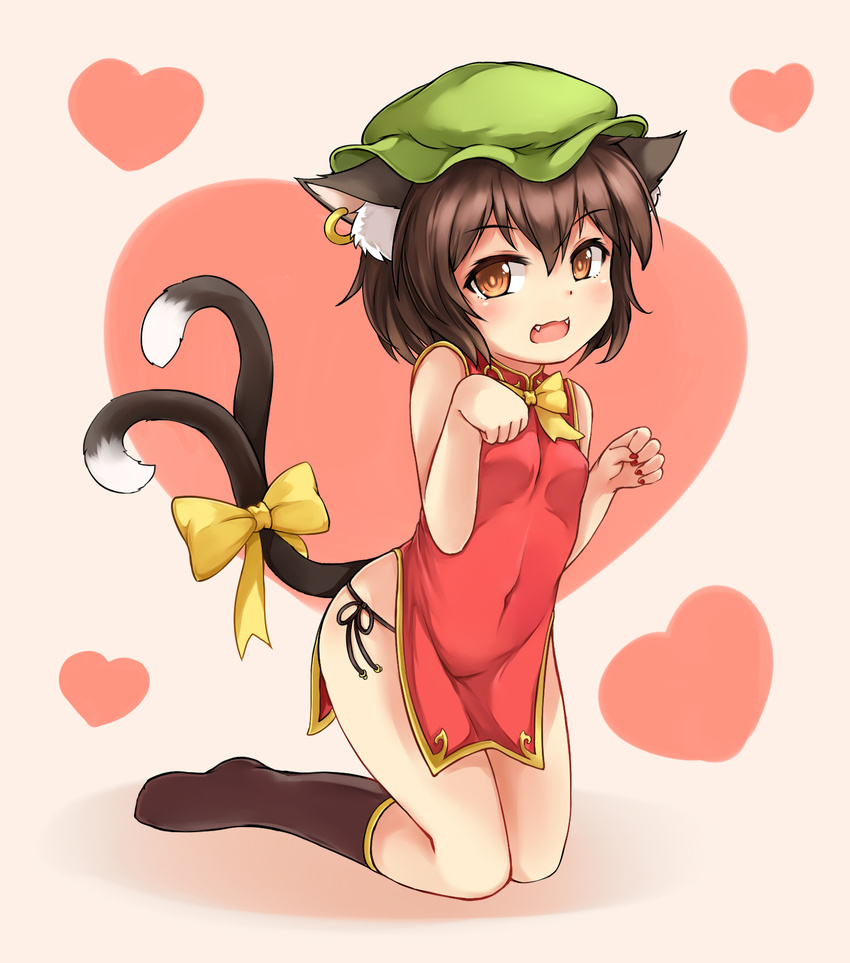 :3 animal_ears bare_arms black_legwear black_panties breasts brown_eyes brown_hair bushi_(1622035441) cat_ears cat_tail chen china_dress chinese_clothes covered_navel dress eyebrows_visible_through_hair fangs green_hat hat heart highres jewelry kneehighs kneeling looking_at_viewer mob_cap multiple_tails nail_polish panties red_nails short_dress side-tie_panties side_slit single_earring small_breasts solo tail touhou two_tails underwear