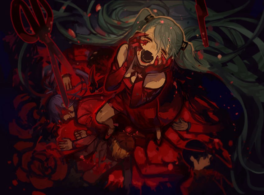 3boys absurdly_long_hair blood blood_on_face bloody_hair closed_eyes corpse dress floating_hair from_above gloves green_hair hair_ornament hatsune_miku kagamine_len kamui_gakupo koby long_hair multiple_boys multiple_girls nail_polish open_mouth red_dress red_gloves red_lips red_nails scissors standing twintails very_long_hair vocaloid yandere