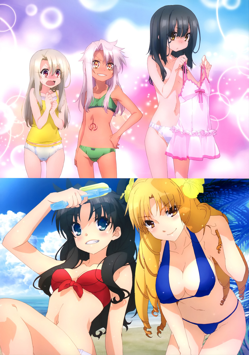 absurdres arm_support beach black_hair black_ribbon blonde_hair blue_bra blue_eyes bra breasts brown_eyes chloe_von_einzbern cleavage covered_nipples cowboy_shot dark_skin day drill_hair embarrassed fate/kaleid_liner_prisma_illya fate_(series) flower green_bra green_panties grin groin gun hair_between_eyes hair_censor hair_flower hair_ornament hair_ribbon hand_in_hair hand_on_hip hibiscus highres holding holding_gun holding_weapon illyasviel_von_einzbern large_breasts long_hair looking_at_viewer luviagelita_edelfelt miyu_edelfelt multiple_girls navel ocean open_mouth outdoors palm_tree panties pink_hair red_bikini_top red_eyes ribbon shirt sideboob sleeveless sleeveless_shirt small_breasts smile standing tattoo toosaka_rin topless tree underwear underwear_only very_long_hair water_gun weapon white_panties yellow_eyes yellow_flower yellow_shirt