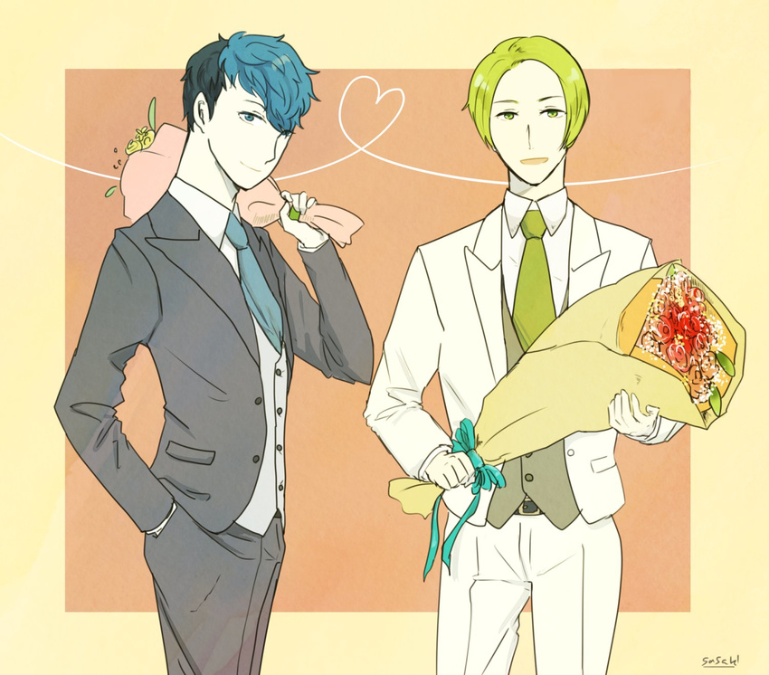 blue_hair bouquet fire_emblem fire_emblem_echoes:_mou_hitori_no_eiyuuou fire_emblem_gaiden flower force_(fire_emblem) formal green_hair highres holding looking_at_viewer multicolored_hair paison smile suit two-tone_hair
