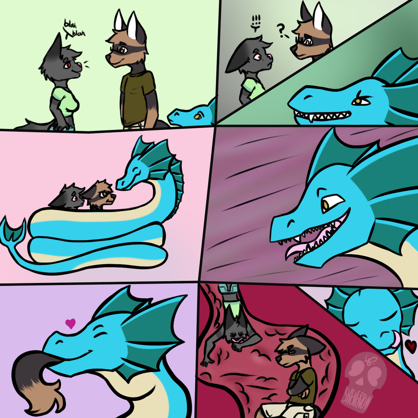 &lt;3 abiga&iuml;l andrew_reynart anthro bulge canine clothed clothing comic dialogue digital_media_(artwork) dragon feline female female_predator feral fox fur hair internal kurai_tolgarr male mammal neck_bulge open_mouth oral_vore scalie simple_background size_difference skellertom smile soft_vore stomach teeth text tongue tongue_out vore