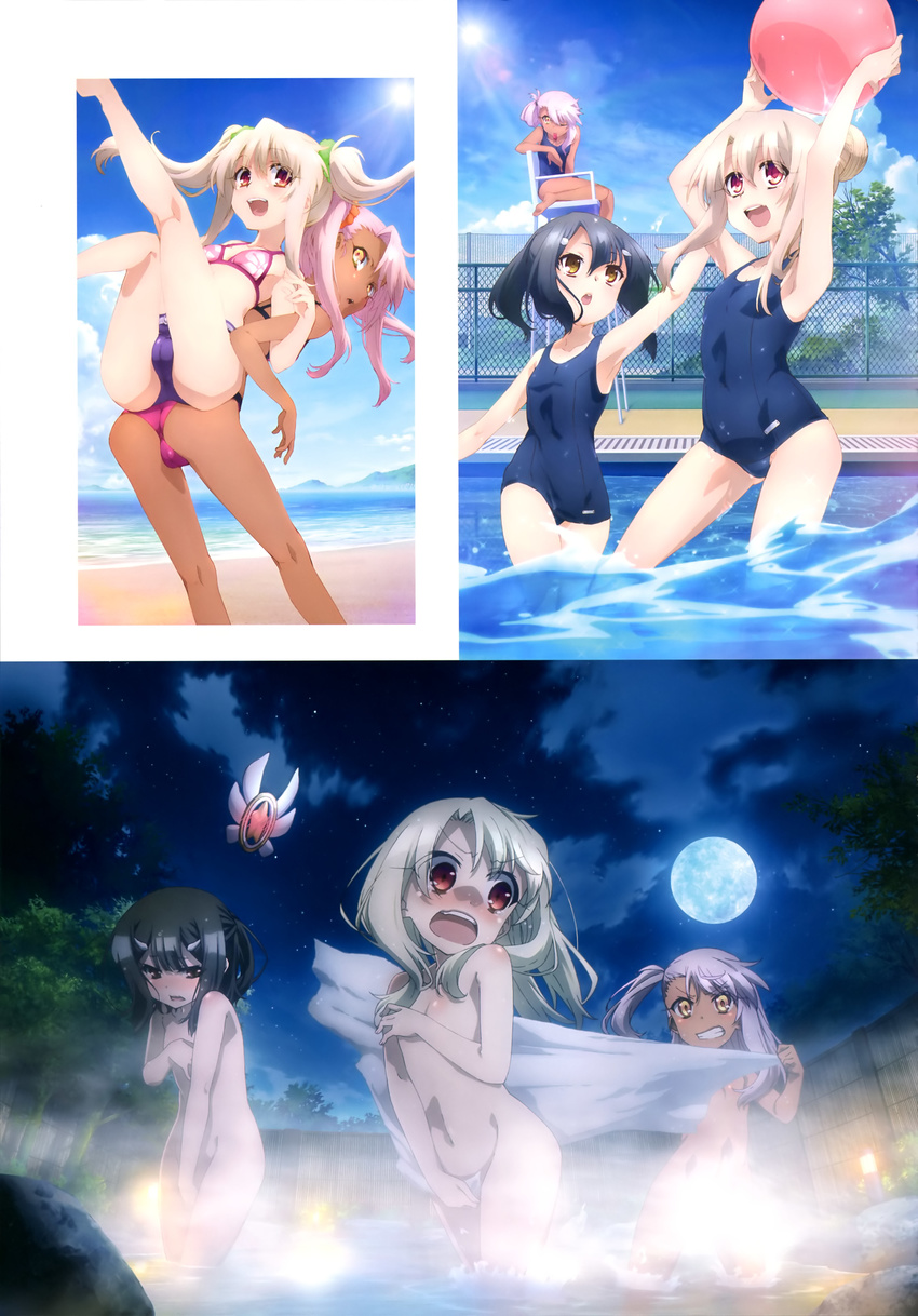 3girls absurdres arm_up armpits arms_up ass assisted_exposure ball beach bikini black_hair breasts brown_eyes cameltoe chloe_von_einzbern cloud cloudy_sky covering covering_breasts covering_crotch dark_skin day embarrassed fate/kaleid_liner_prisma_illya fate_(series) floating_hair full_moon green_scrunchie grin hair_ornament hair_scrunchie hairclip highres humiliation illyasviel_von_einzbern long_hair looking_back magazine_scan magical_ruby miyu_edelfelt moon multiple_girls night nude nyantype ocean old_school_swimsuit one-piece_swimsuit onsen outdoors red_bikini_top red_eyes scan school_swimsuit scrunchie silver_hair sky small_breasts smile steam sun swimsuit towel twintails wading white_towel yellow_eyes