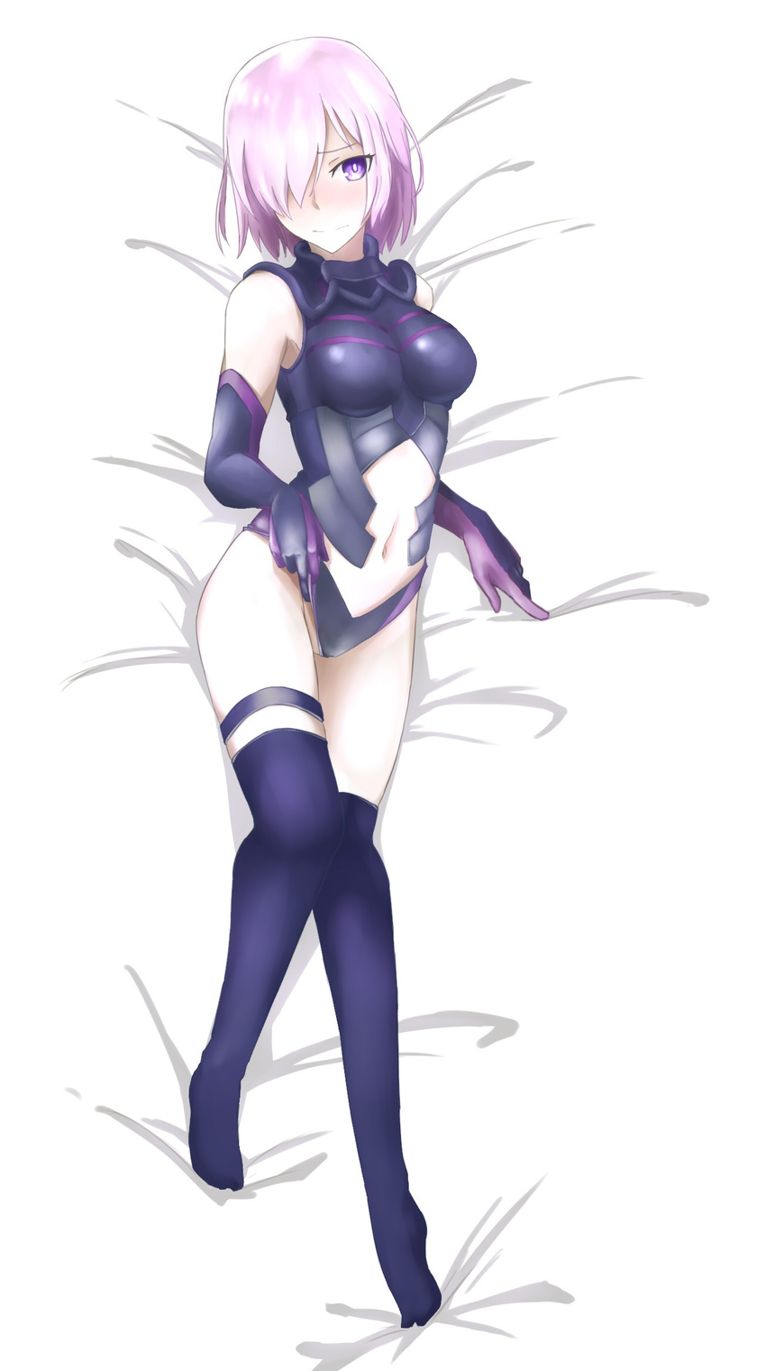 black_gloves black_legwear black_leotard blush breasts breasts_apart dakimakura elbow_gloves eyebrows_visible_through_hair fate/grand_order fate_(series) from_above full_body gloves hair_over_one_eye highres leotard looking_at_viewer lying mash_kyrielight medium_breasts midriff navel on_back pink_hair purple_eyes short_hair simple_background sketch solo stomach thighhighs white_background xue_dao
