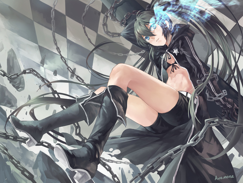 azomo black_bikini_top black_footwear black_gloves black_hair black_rock_shooter black_rock_shooter_(character) black_shorts blue_eyes boots burning_eye chain checkered checkered_background flat_chest floating_hair front-tie_bikini front-tie_top full_body gloves hair_between_eyes knee_boots long_hair parted_lips short_shorts shorts signature solo twintails very_long_hair