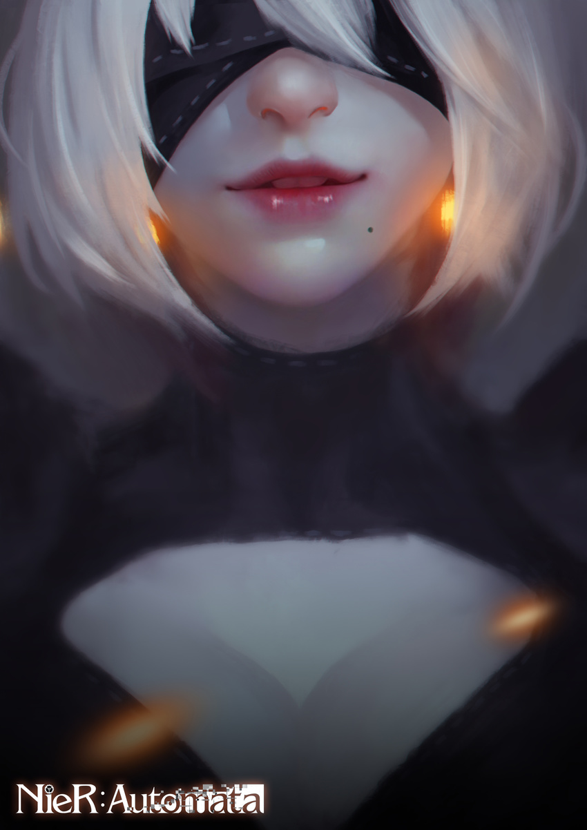 absurdres black_hairband blindfold breasts cleavage_cutout close-up facing_viewer hairband highres lips medium_breasts mole mole_under_mouth nier_(series) nier_automata nose portrait short_hair solo white_hair xiaoxiaoxiaomo yorha_no._2_type_b