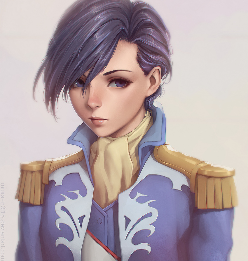 androgynous artist_name blue_eyes blue_hair closed_mouth commentary cravat epaulettes expressionless eyelashes gundam gundam_wing hair_over_one_eye highres lips lipstick looking_at_viewer lucrezia_noin makeup military military_uniform miura-n315 nose short_hair solo uniform