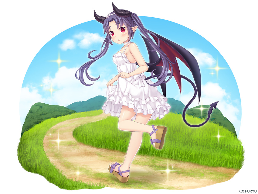 :o bare_arms bare_shoulders black_wings blue_sky blush breasts choker cloud collarbone company_name day demon_girl demon_horns demon_tail demon_wings dress eyebrows_visible_through_hair from_behind full_body grass hair_ornament hill horns leg_up long_hair looking_at_viewer looking_back medium_breasts monmusu_harem namaru_(summer_dandy) official_art outdoors path platform_footwear pointy_ears purple_hair red_eyes red_wings richelle_(monmusu_harem) road sandals shiny shiny_skin short_dress skirt_hold sky solo sparkle standing standing_on_one_leg sundress tail twintails white_background white_choker white_dress wings