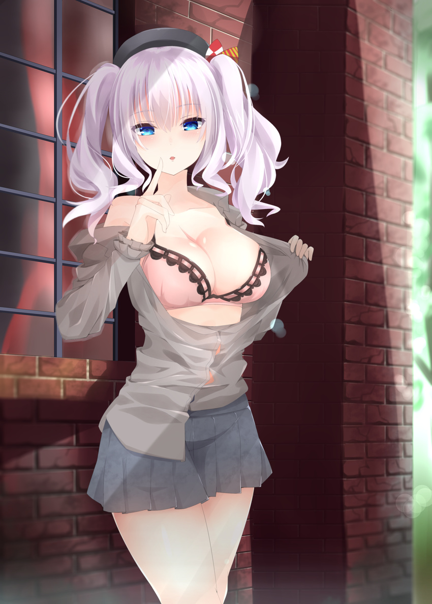 absurdres beret black_hat black_skirt blue_eyes blush bra breasts brick_wall collarbone cowboy_shot day finger_to_mouth frilled_sleeves frills grey_shirt hair_between_eyes hat head_tilt highres kantai_collection kashima_(kantai_collection) lens_flare long_hair long_sleeves looking_at_viewer medium_breasts off_shoulder open_clothes open_shirt outdoors pink_bra pleated_skirt puckered_lips ribbon-trimmed_bra shirt silver_hair skirt solo standing surota twintails underwear window