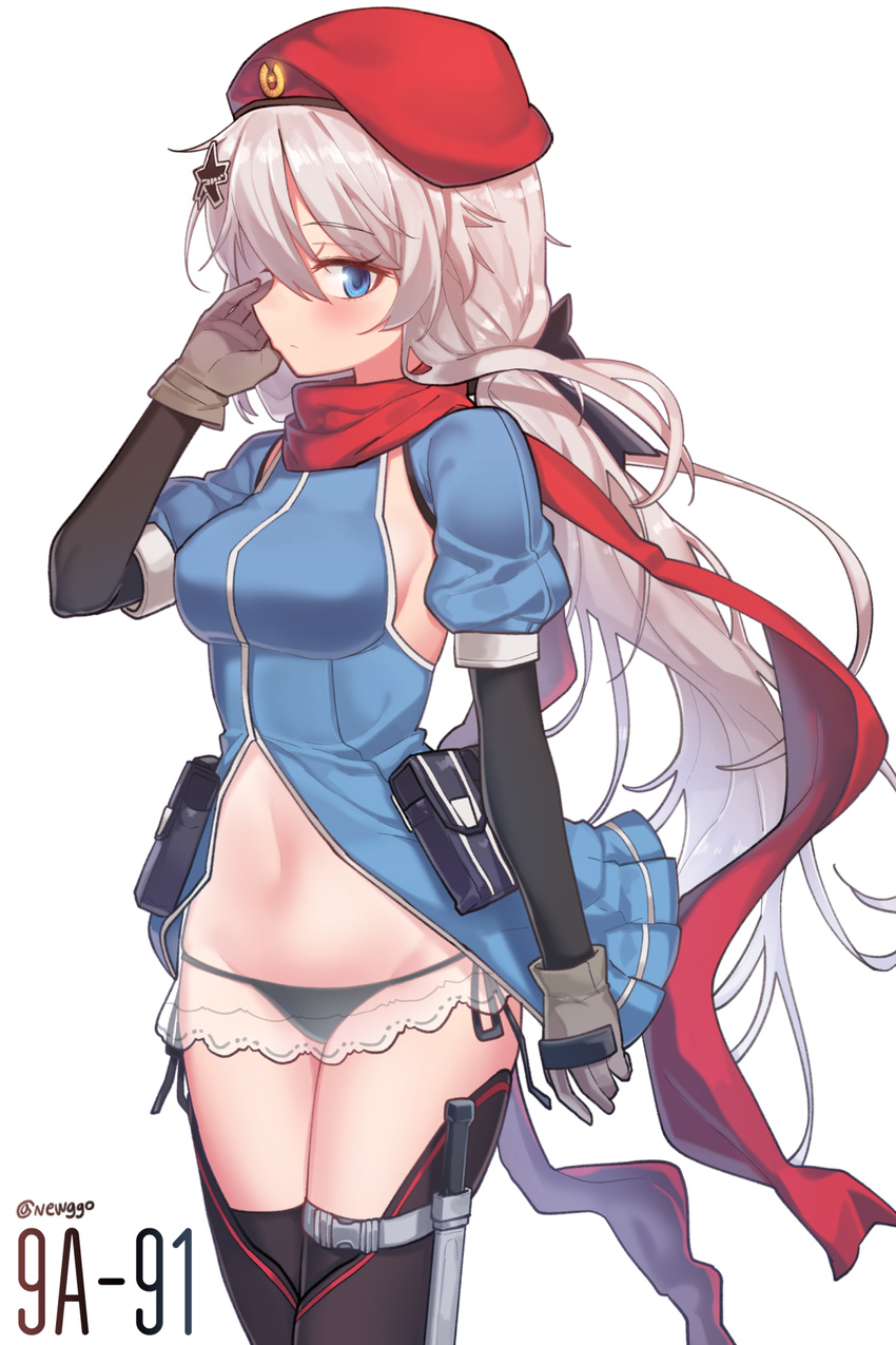 9a-91_(girls_frontline) bangs beret black_footwear black_gloves black_legwear black_panties blue_eyes blush boots breasts character_name closed_mouth cowboy_shot elbow_gloves eyebrows_visible_through_hair funako_(newggo) girls_frontline gloves grey_gloves grey_hair hair_between_eyes hair_ornament hand_on_own_cheek hand_up hat highres large_breasts long_hair looking_at_viewer medium_breasts navel panties puffy_sleeves red_hat see-through sideboob simple_background solo thigh_boots thighhighs thighs tsurime twitter_username underwear white_background