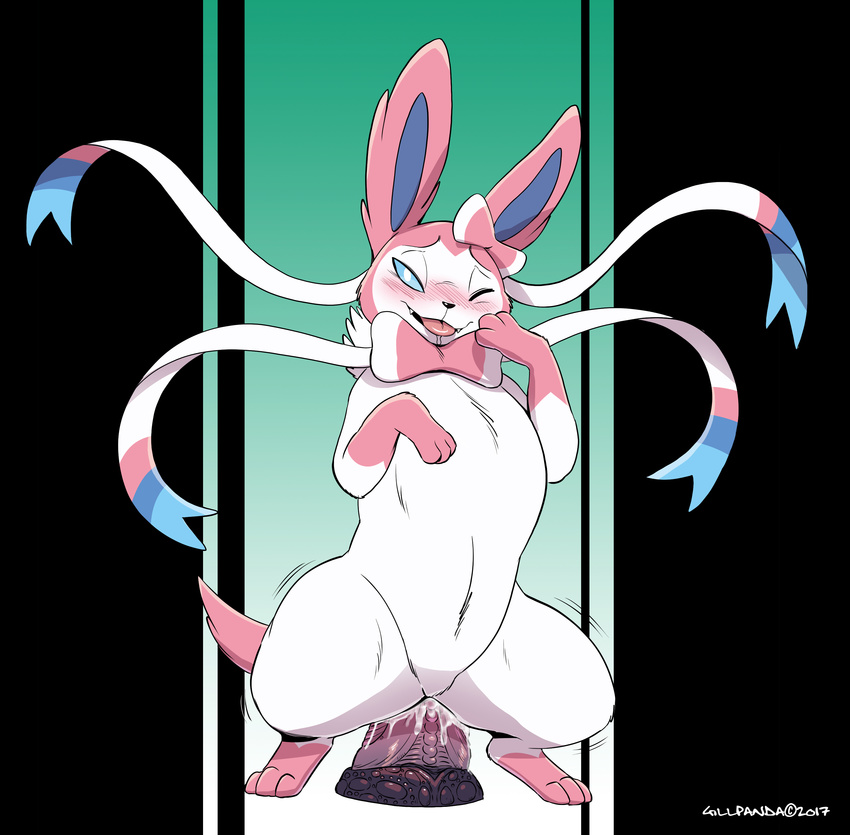barefoot blue_eyes blush bow canine cum cum_on_dildo cute dildo drooling eeveelution female feral fur gillpanda hi_res hind_legs long_ears mammal nintendo nude one_eye_closed open_mouth penetration pok&eacute;mon ribbons saliva sex_toy sharp_teeth smile solo standing sylveon teeth thick_thighs tongue tongue_out vaginal vaginal_penetration video_games