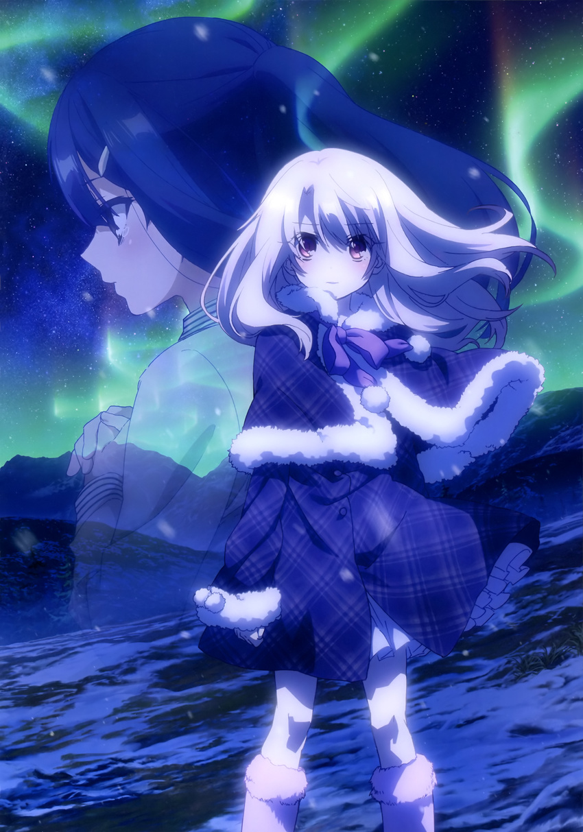 absurdres blue_hair boots brown_eyes capelet eyebrows_visible_through_hair fate/kaleid_liner_prisma_illya fate_(series) floating_hair hair_between_eyes hands_clasped highres illyasviel_von_einzbern long_hair looking_at_viewer miyu_edelfelt multiple_girls neck_ribbon night official_art outdoors own_hands_together purple_ribbon ribbon santa_boots silver_hair sky snowing standing star_(sky) starry_sky white_footwear