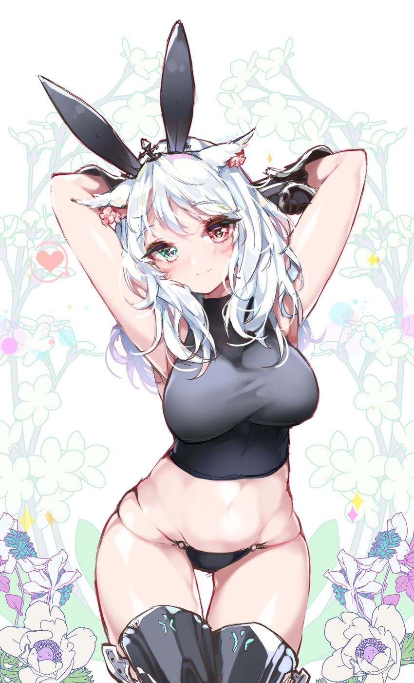 absurdres animal_ears armpits arms_up bangs black_legwear black_panties blush breasts bunny_ears closed_mouth commentary_request cowboy_shot crop_top eyebrows_visible_through_hair fake_animal_ears final_fantasy final_fantasy_xiv floral_background green_eyes heart heterochromia highres hips kanola_u large_breasts long_hair looking_at_viewer miqo'te panties red_eyes skindentation smile solo spoken_heart thighhighs thighs turtleneck underwear whisker_markings white_hair