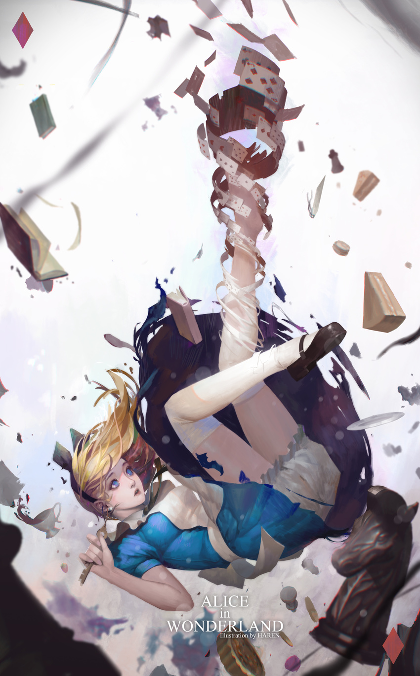 absurdres alice_(wonderland) alice_in_wonderland apron artist_name barefoot blonde_hair bloomers blue_dress blue_eyes book bookmark breasts cake card chess_piece chromatic_aberration club_(shape) commentary copyright_name cup diamond_(shape) dissolving_clothes dress earrings english falling food from_side full_body hairband heart highres holding_key jewelry kim_han_seul long_hair mary_janes medium_breasts open_book parted_lips pie playing_card shoes short_sleeves slice_of_cake solo spade_(shape) tea teacup thighhighs torn_clothes torn_dress underwear white_apron white_legwear