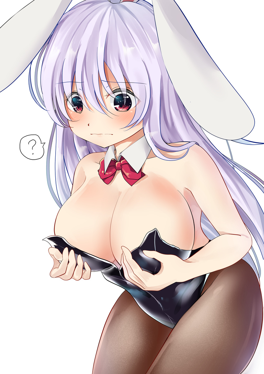 ? absurdres animal_ears bad_id bad_pixiv_id bare_arms bare_shoulders black_legwear black_leotard blush bow bowtie breasts bunny_ears bunnysuit cleavage commentary_request cowboy_shot detached_collar hair_between_eyes highres large_breasts leotard long_hair miri_(miri0xl) pantyhose purple_hair red_bow red_eyes red_neckwear reisen_udongein_inaba simple_background solo spoken_question_mark touhou very_long_hair white_background