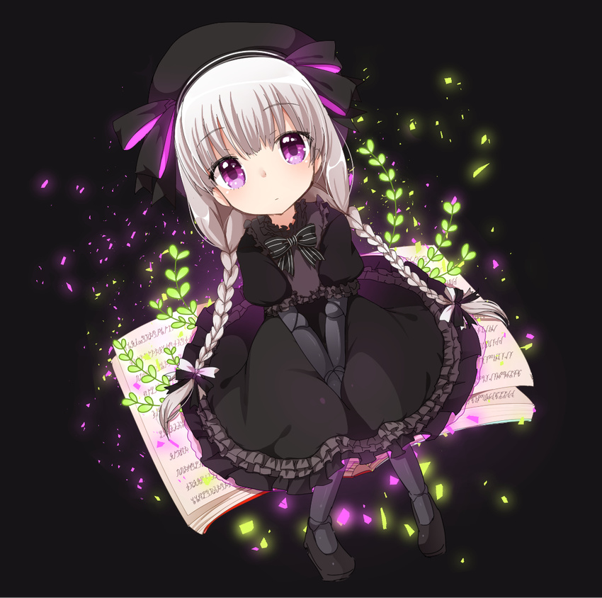 :| bangs beret between_legs black_background black_bow black_dress black_footwear black_neckwear black_ribbon book bow bowtie braid closed_mouth commentary_request doll_joints dress dutch_angle eyebrows_visible_through_hair fate/extra fate_(series) frilled_dress frilled_shirt_collar frilled_sleeves frills from_above full_body gothic_lolita hand_between_legs hat hat_ribbon leaf lolita_fashion long_hair looking_at_viewer looking_up low_twintails nursery_rhyme_(fate/extra) open_book pink_ribbon puffy_short_sleeves puffy_sleeves purple_eyes ribbon shitada shoes short_sleeves sitting solo striped striped_bow striped_neckwear tareme twin_braids twintails v_arms white_bow white_hair
