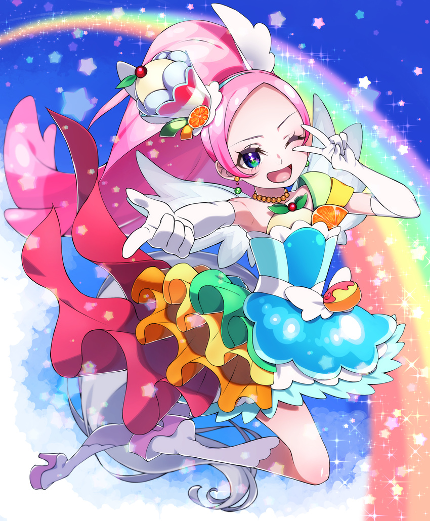 ;d absurdres animal_ears armpits blue_background blue_dress blue_eyes boots cure_parfait dress earrings elbow_gloves food_themed_hair_ornament full_body gloves hair_ornament hairband highres horse_ears horse_girl horse_tail jewelry kirahoshi_ciel kirakira_precure_a_la_mode knee_boots long_hair looking_at_viewer magical_girl md5_mismatch one_eye_closed open_mouth pink_hair pointing ponytail precure rainbow smile solo star tail v white_footwear white_gloves white_wings wings yupiteru