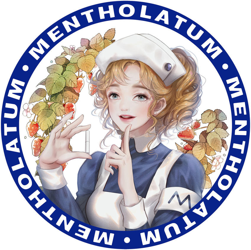 armband bad_id bad_pixiv_id blue_eyes copyright_name earrings food fruit hat highres index_finger_raised jewelry light_brown_hair little_nurse looking_at_viewer mentholatum miemia nurse_cap open_mouth round_image strawberry stud_earrings upper_body