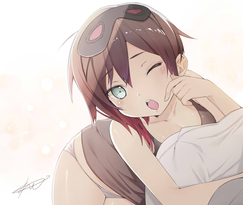 ;o bare_shoulders black_hair blush breasts cleavage grey_eyes highres looking_at_viewer multicolored_hair one_eye_closed open_mouth panties pillow ruby_rose rwby short_hair signature simple_background sleep_mask slslsl7266 solo tank_top teeth two-tone_hair underwear white_background yawning