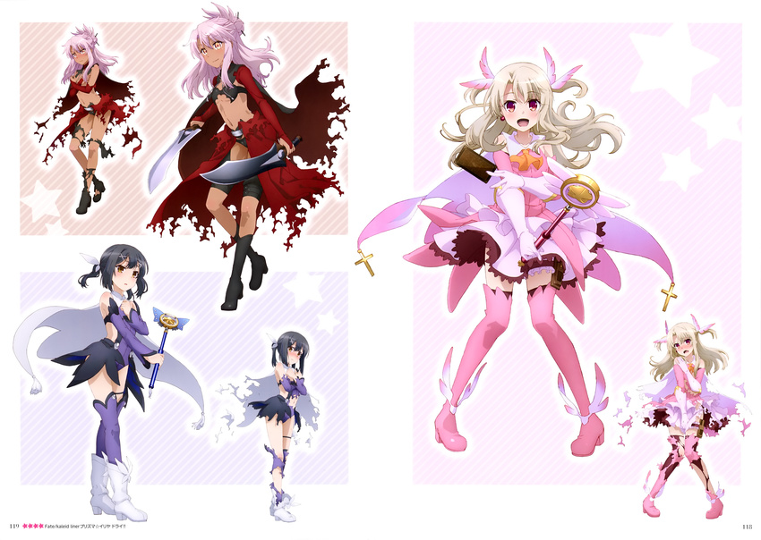 absurdres black_bra black_hair black_legwear black_panties blush boots bra breasts cape card chloe_von_einzbern copyright_name detached_sleeves dress dual_wielding earrings elbow_gloves embarrassed eyebrows_visible_through_hair fate/kaleid_liner_prisma_illya fate_(series) feathers floating_hair full_body gloves hair_feathers hair_ornament hair_ribbon high_heel_boots high_heels highres holding holding_card holding_staff holding_sword holding_weapon illyasviel_von_einzbern jewelry leotard long_hair magical_girl magical_ruby magical_sapphire midriff miyu_edelfelt multiple_girls navel open_mouth page_number panties pink_dress pink_feathers pink_footwear pink_gloves pink_hair prisma_illya purple_legwear purple_leotard red_cape red_eyes ribbon short_dress short_hair silver_hair small_breasts staff standing stomach striped striped_background sword thigh_boots thighhighs torn_boots torn_clothes torn_dress torn_legwear torn_leotard underboob underwear variations weapon white_background white_footwear white_ribbon yellow_eyes