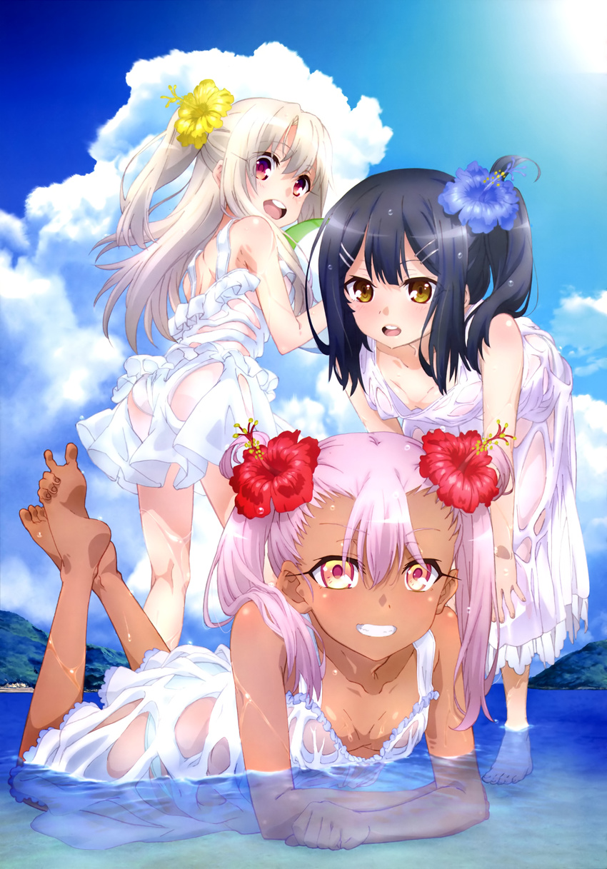 absurdres alternate_hairstyle artist_request ass black_hair blue_sky blush breasts chloe_von_einzbern cloud collarbone dark_skin day dress eyebrows_visible_through_hair eyes_visible_through_hair fate/kaleid_liner_prisma_illya fate_(series) flower grin hair_between_eyes hair_flower hair_ornament highres illyasviel_von_einzbern long_hair looking_at_viewer lying miyu_edelfelt multiple_girls no_bra official_art on_stomach open_mouth outdoors panties partially_submerged red_eyes round_teeth see-through side_ponytail sky small_breasts smile teeth twintails underwear water wet wet_clothes white_dress white_panties yellow_eyes