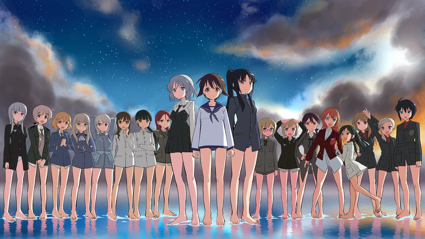 6+girls ahoge amelie_planchard arms_behind_head barefoot black_hair blonde_hair blue_eyes brown_eyes brown_hair charlotte_e_yeager closed_mouth cloud cloudy_sky commentary_request crossed_arms eila_ilmatar_juutilainen erica_hartmann fang fernandia_malvezzi francesca_lucchini gertrud_barkhorn glasses green_eyes green_hair grey_hair hands_clasped hattori_shizuka heidimarie_w_schnaufer highres holding_hands kaneko_(novram58) light_brown_hair long_hair luciana_mazzei lynette_bishop martina_crespi military military_uniform minna-dietlinde_wilcke miyafuji_yoshika multiple_girls necktie night night_sky no_eyepatch no_legwear no_pants open_mouth orange_hair own_hands_together perrine_h_clostermann platinum_blonde_hair ponytail purple_eyes red_eyes red_hair sakamoto_mio sanya_v_litvyak school_uniform serafuku short_hair side_ponytail sky smile standing standing_on_liquid star_(sky) starry_sky strike_witches swimsuit swimsuit_under_clothes takei_junko twintails uniform ursula_hartmann water world_witches_series yellow_eyes