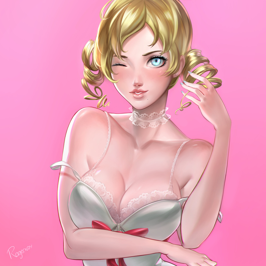 absurdres artist_name blonde_hair blue_eyes blue_nails blush bra breasts bustier catherine catherine_(game) choker cleavage drill_hair eyelashes eyeshadow highres lace lace-trimmed_bra lips looking_at_viewer makeup medium_breasts mole mole_under_mouth nail_polish parted_lips pink_background ragecndy solo strap_slip twin_drills twintails underwear upper_body
