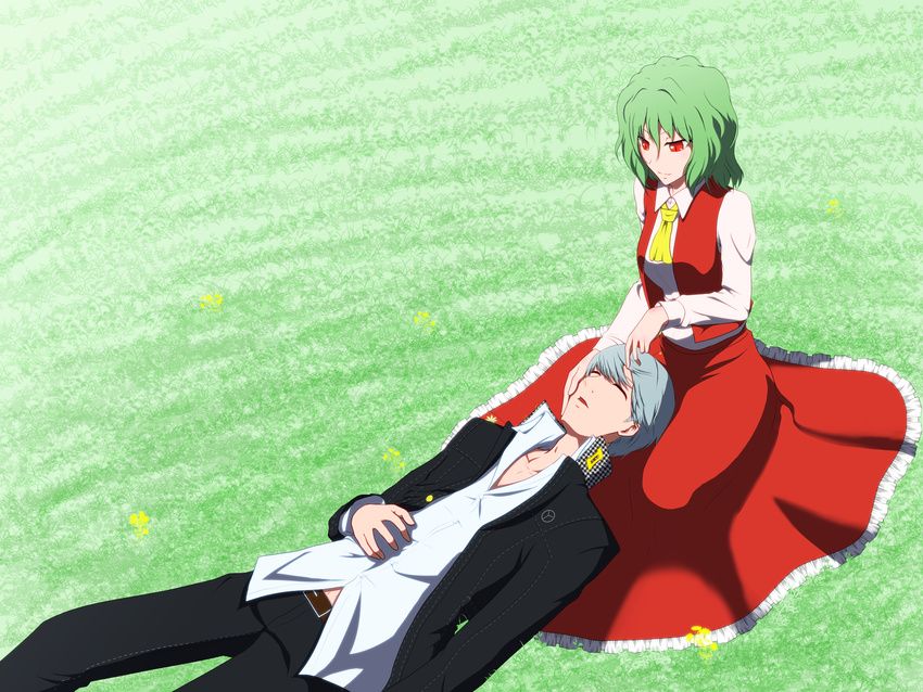 1girl arm_at_side ascot belt buttons closed_eyes closed_mouth collarbone commentary_request crossover field frilled_skirt frills grass green_hair grey_hair hair_between_eyes hand_on_another's_face hand_rest highres ho-ri- houndstooth jacket kazami_yuuka lap_pillow long_skirt long_sleeves looking_at_another lying narukami_yuu on_back open_clothes open_jacket pants parted_lips persona persona_4 red_eyes red_skirt red_vest school_uniform shirt short_hair sitting skirt skirt_set sleeping slit_pupils smile touhou unbuttoned vest white_shirt yasogami_school_uniform