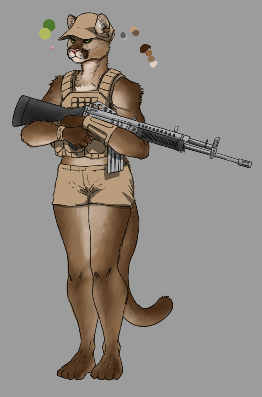 4chan 4chan_/k/_furry_thread anthro brown_fur clothed clothing colored cougar digital_media_(artwork) feline female full_body fur green_eyes gun hat mammal plate_carier ranged_weapon redout rifle shorts standing stoner_63 unknown_artist unnamed_artist_of unnamed_artist_of_4chan_/k/_furry_thread weapon